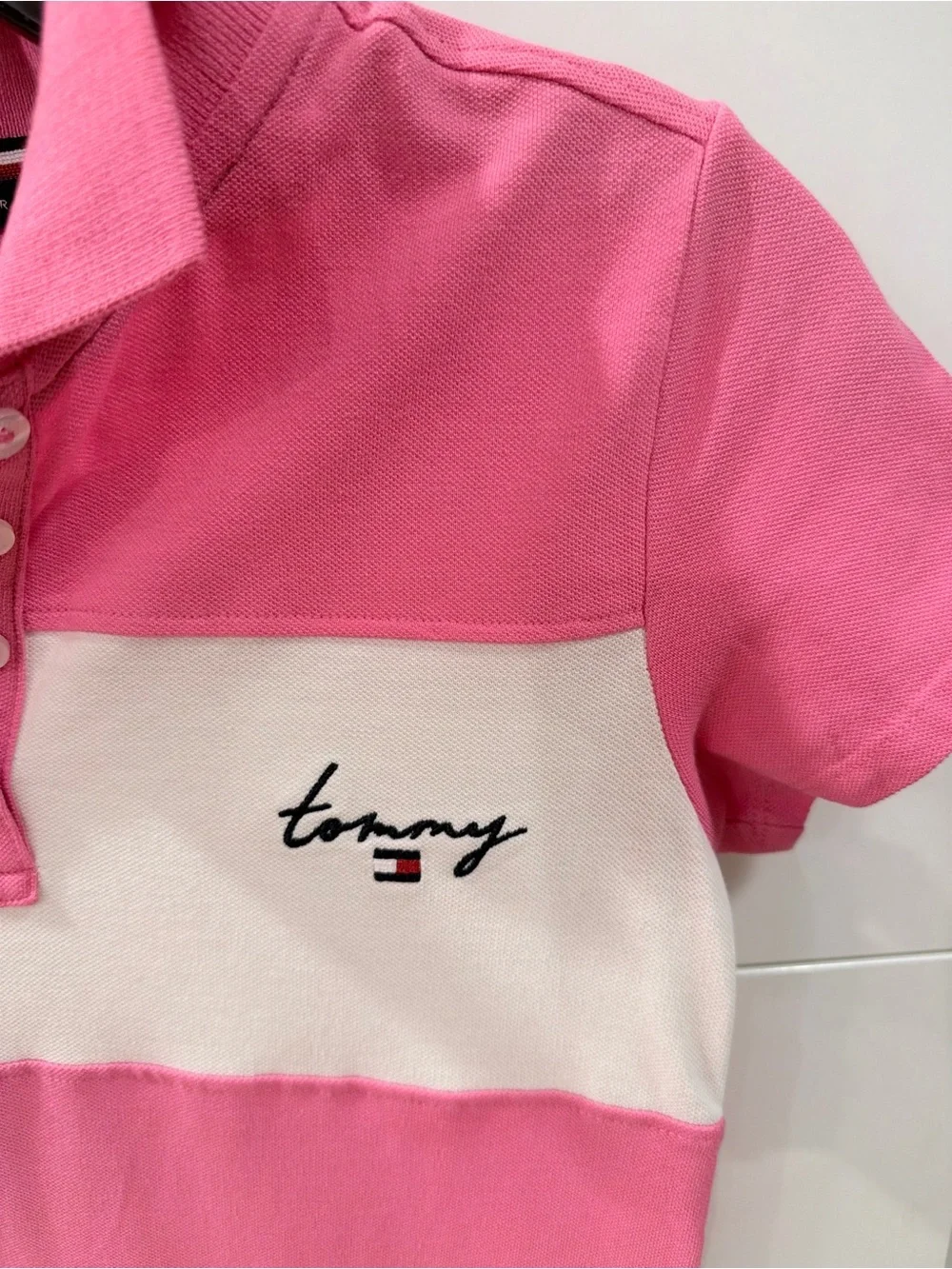 Tommy Hilfiger Girls Pink White Colorblock Polo Dress Size L 12/14